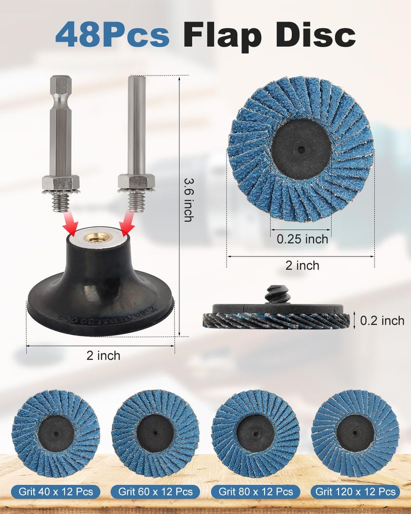 AOKLIT 48 Pcs 2 Inch Flap Disc Set, Flat Flap Discs Roll Lock Sanding Discs 40 60 80 120Grit, Sander Disc with 1/4 Inch Holder for Angle Grinder Rust Removal - Image 2